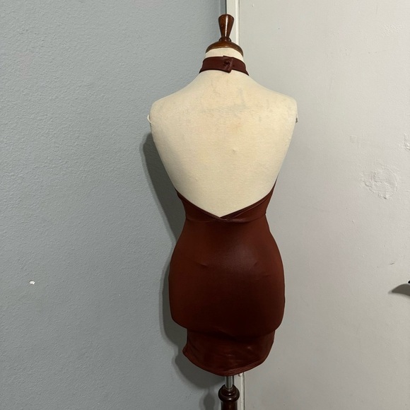 SHEIN Rust Brown Asymmetrical Hem Open Back PU leather Bodycon Party Dress Sz XS - Picture 9 of 15